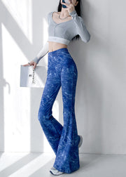 New Blue Tie Dye High Waist Cotton Flared Trousers Spring