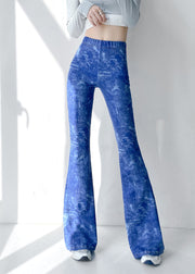 New Blue Tie Dye High Waist Cotton Flared Trousers Spring