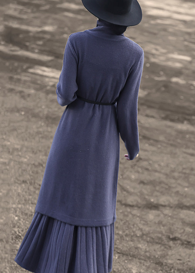 New Blue Turtleneck Tops And Skirts Wool Knit Two-Piece Set Winter