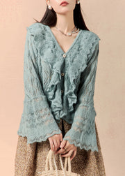 New Blue V Neck Hollow Out Knit Sweater Flare Sleeve