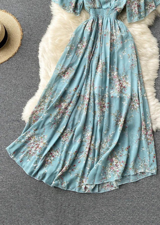 New Blue V Neck Lace Up Print Chiffon Vacation Dresses Summer