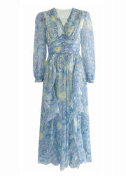 New Blue V Neck Print Chiffon Long Dresses Long Sleeve