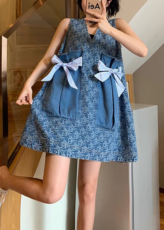 New Blue V Neck Print Pockets Denim Mid Dress Sleeveless