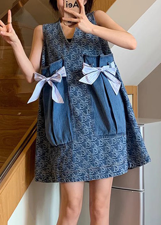 New Blue V Neck Print Pockets Denim Mid Dress Sleeveless