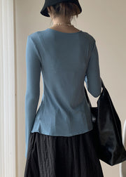 New Blue V Neck Solid Knitting Cotton Tops Spring