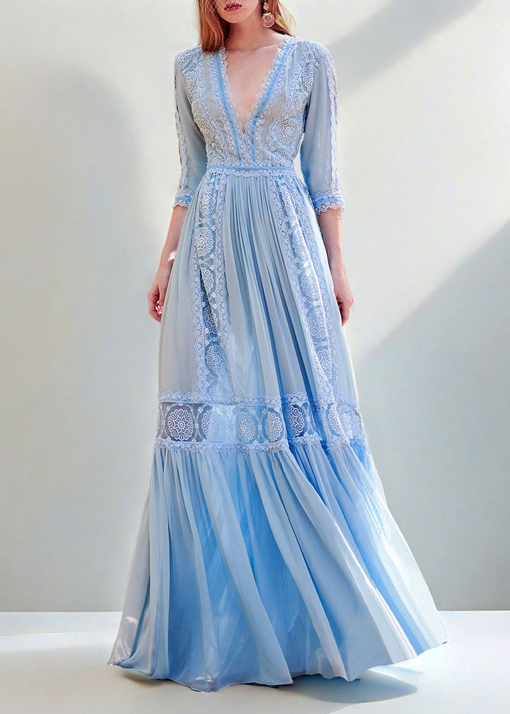 New Blue V Neck Wrinkled Lace Patchwork Chiffon Dresses Summer