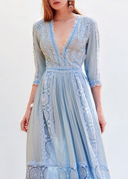 New Blue V Neck Wrinkled Lace Patchwork Chiffon Dresses Summer