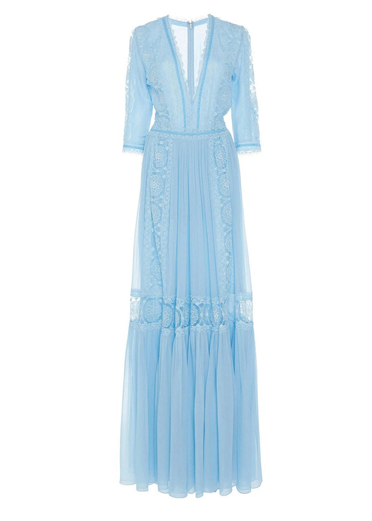 New Blue V Neck Wrinkled Lace Patchwork Chiffon Dresses Summer