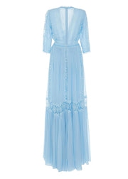 New Blue V Neck Wrinkled Lace Patchwork Chiffon Dresses Summer