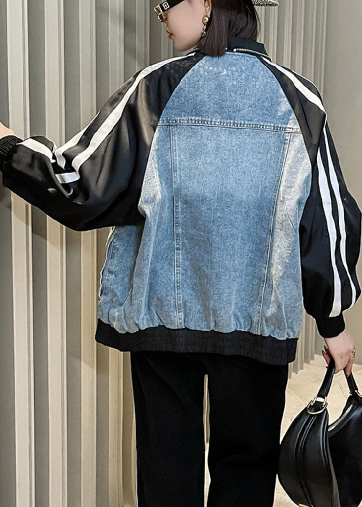 New Blue Zip Up Denim Patchwork Coats Long Sleeve