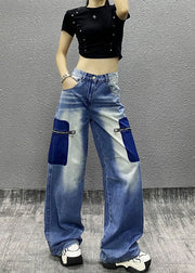 New Blue Zip Up Pockets Patchwork Denim Wide Leg Pants Spring