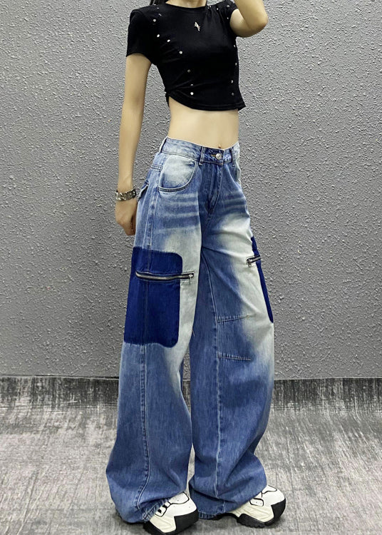 New Blue Zip Up Pockets Patchwork Denim Wide Leg Pants Spring