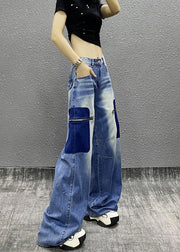 New Blue Zip Up Pockets Patchwork Denim Wide Leg Pants Spring