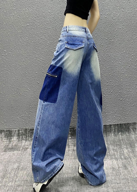 New Blue Zip Up Pockets Patchwork Denim Wide Leg Pants Fall