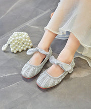 New Bow Zircon Nail Bead Kids Girls Flat Shoes Silver Faux Leather