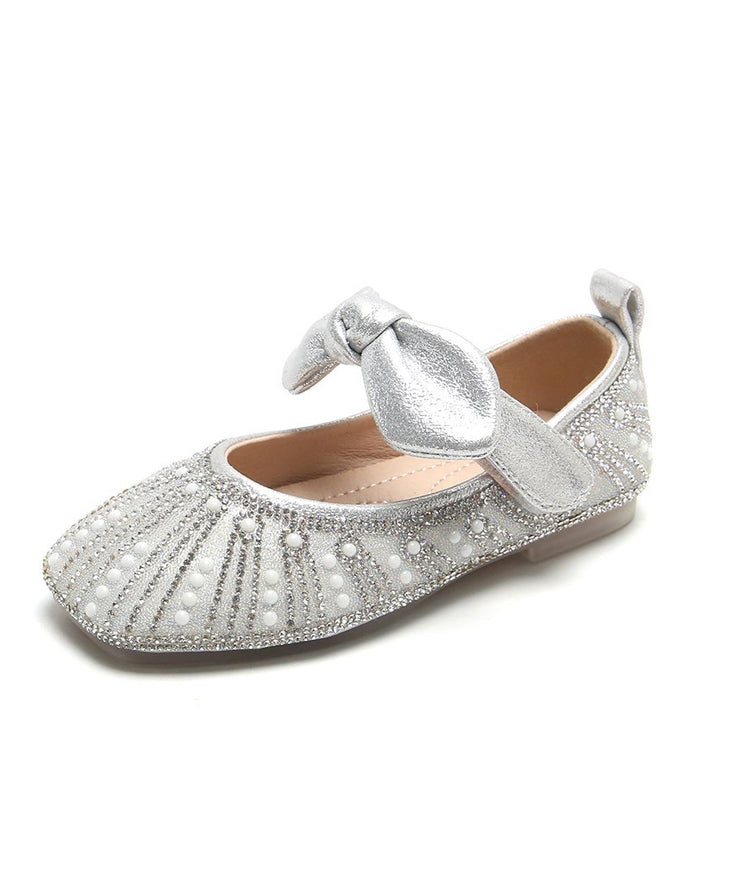 New Bow Zircon Nail Bead Kids Girls Flat Shoes Silver Faux Leather