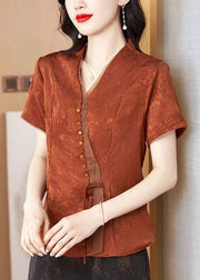 New Brick Red V Neck Print Silk Blouses Summer