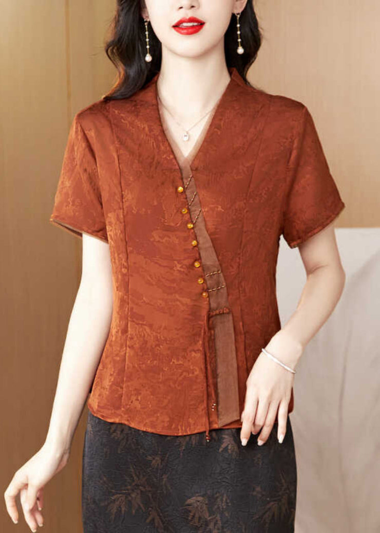 New Brick Red V Neck Print Silk Blouses Summer