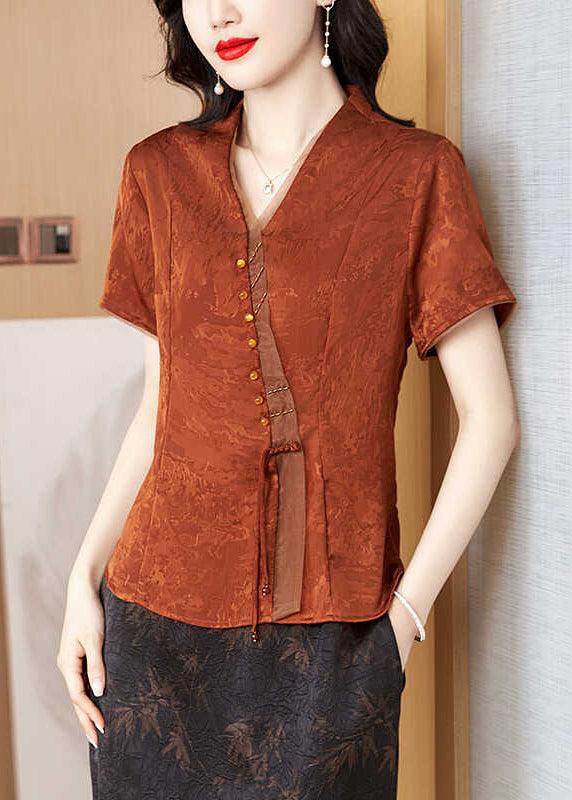 New Brick Red V Neck Print Silk Blouses Summer