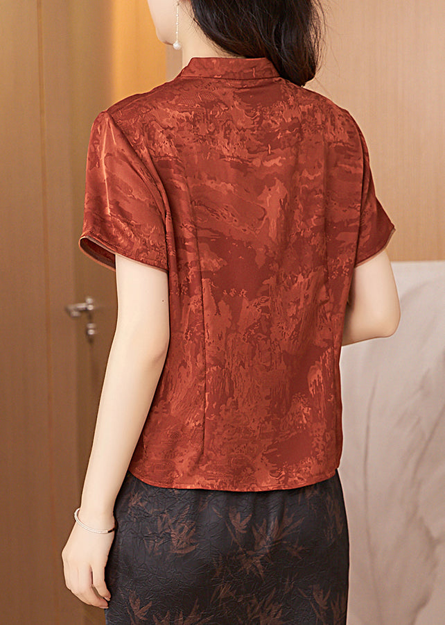 New Brick Red V Neck Print Silk Blouses Summer