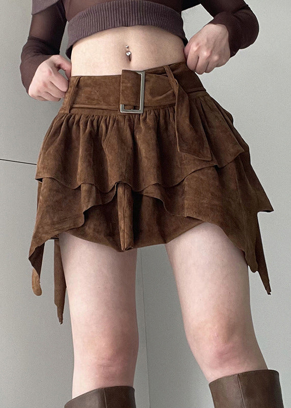 New Brown Asymmetrical Sashes Patchwork Faux Suede Skirt Fall