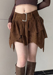 New Brown Asymmetrical Sashes Patchwork Faux Suede Skirt Fall