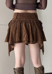 New Brown Asymmetrical Sashes Patchwork Faux Suede Skirt Fall