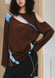 New Brown Cold Shoulder Asymmetrical Cotton T Shirt Spring