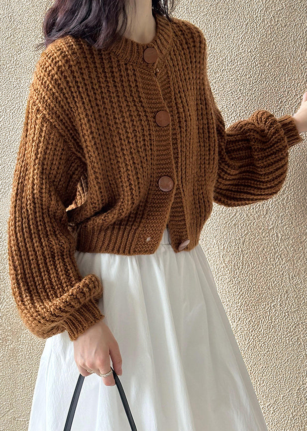 New Brown O Neck Hollow Out Cotton Knit Cardigan Fall