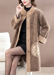 New Brown Patchwork Button Mink Velvet Woolen Coats Spring