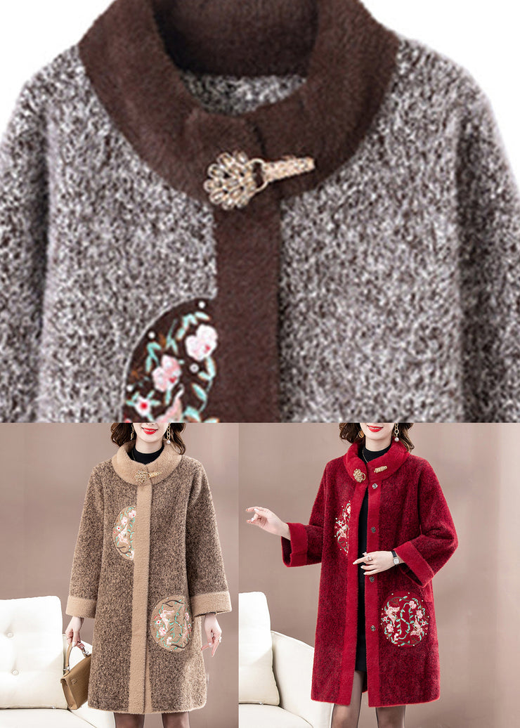 New Brown Patchwork Button Mink Velvet Woolen Coats Spring