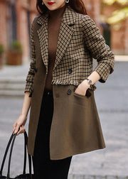 New Brown Plaid Pockets Patchwork Woolen Coat Long Sleeve