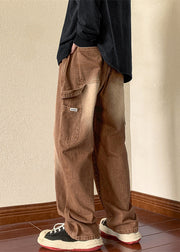 New Brown Pockets Elastic Waist Denim Men Pants Spring