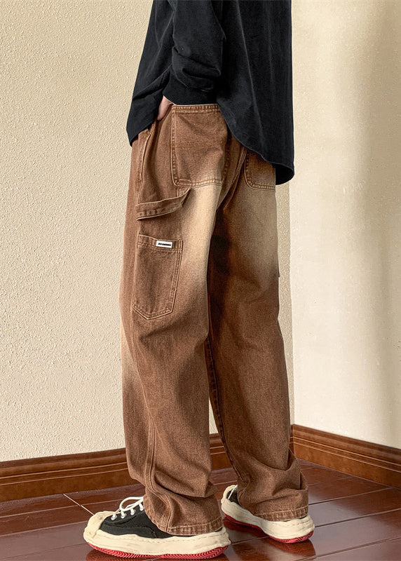 New Brown Pockets Elastic Waist Denim Men Pants Spring