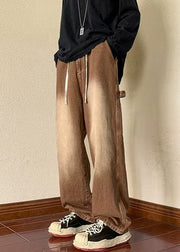 New Brown Pockets Elastic Waist Denim Men Pants Spring