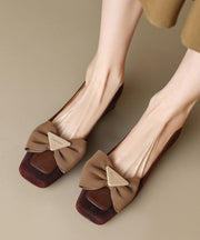 New Brown Suede Penny Loafers Splicing Bow Square Toe