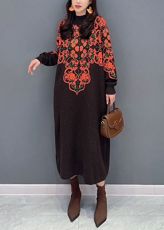 New Brown Turtleneck Print Patchwork Knit Long Dress Fall