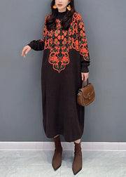 New Brown Turtleneck Print Patchwork Knit Long Dress Fall