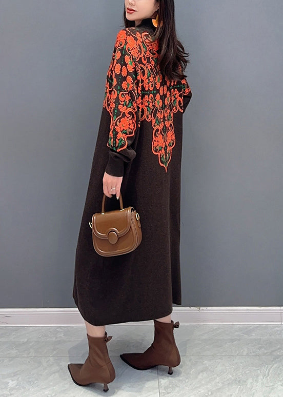 New Brown Turtleneck Print Patchwork Knit Long Dress Fall