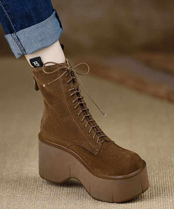 New Brown Wedge Suede Unique Splicing Lace Up Boots