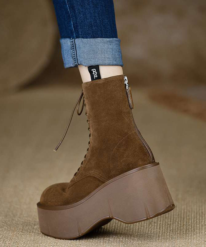 New Brown Wedge Suede Unique Splicing Lace Up Boots