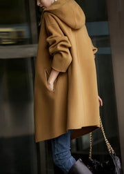 New Camel Hooded Button Pockets Woolen Long Coat Fall