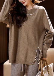 New Camel Pearl Side Open Knit Sweaters Spring