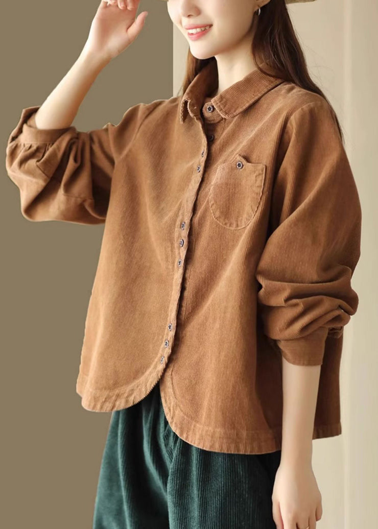 New Caramel Peter Pan Collar Button Corduroy Shirts Spring