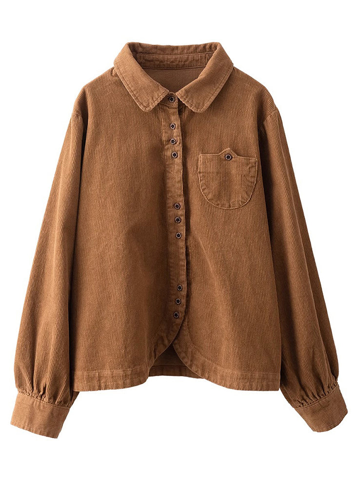 New Caramel Peter Pan Collar Button Corduroy Shirts Spring