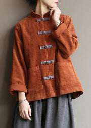 New Caramel Stand Collar Button Pockets Corduroy Coats Fall