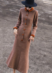 New Caramel Zippered Button Patchwork Cotton Long Dresses Fall