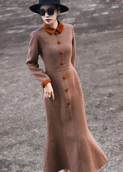 New Caramel Zippered Button Patchwork Cotton Long Dresses Fall