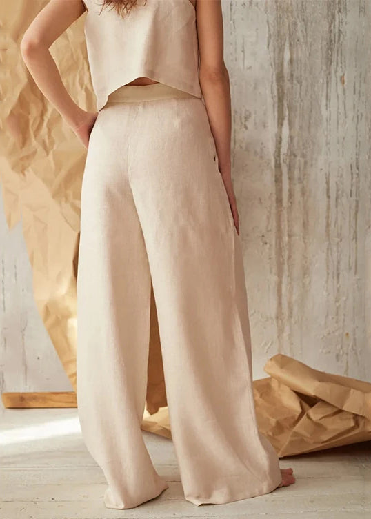 New Casual Apricot Pockets Button Linen Straight Pants Spring