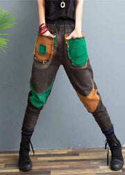 New Casual Elastic Waist Patchwork Warm Fleece Denim Pants Spring